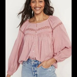 Old Navy Women's Boho Peasant Blouse Size M Rose Pink Lace Trim Embroidered